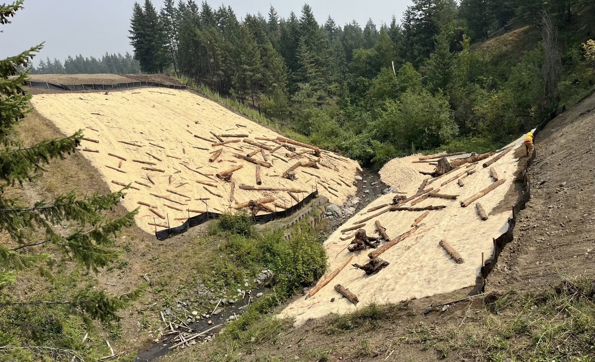 Steep engineered slope secured with straw erosion-control blankets and timber, BC Interior